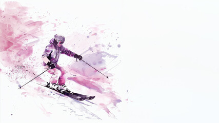 Skier in action on slope of the snow in pink watercolor painting art