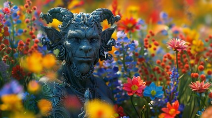 A malevolent demon statue amidst a field of colorful flowers.