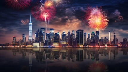 New Years Eve with colorful Fireworks over New York City skyline long exposure