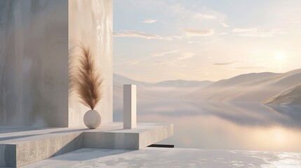 Abstract minimalist composition with smooth shapes and neutral tones overlooking a serene landscape.