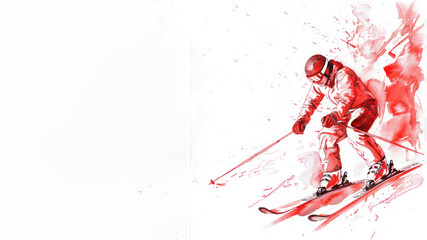 Skier in action on slope of the snow in red watercolor painting art