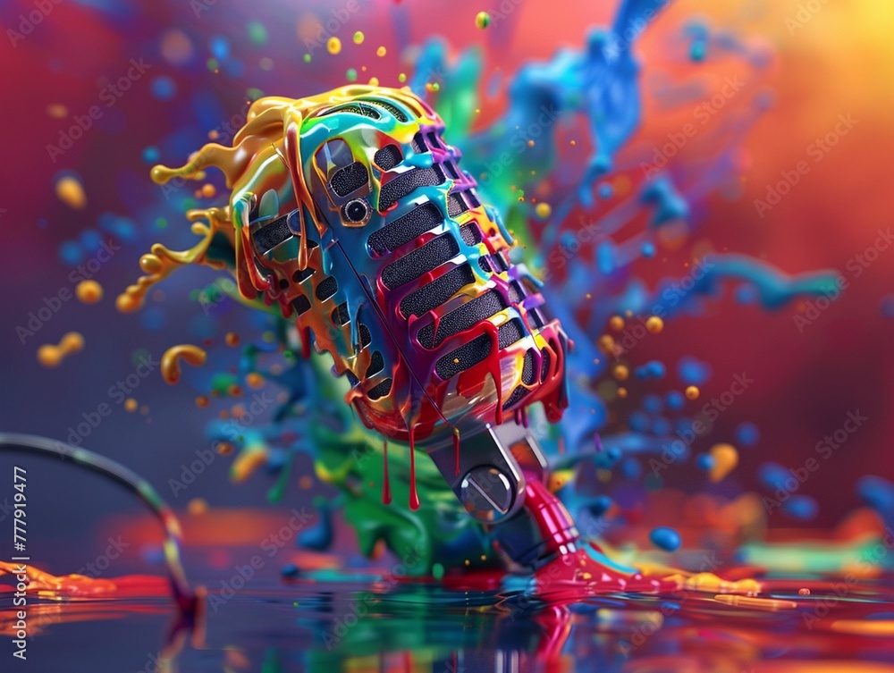 Poster depict a shimmering cascade of colors flowing from a microphone , hyper realistic render