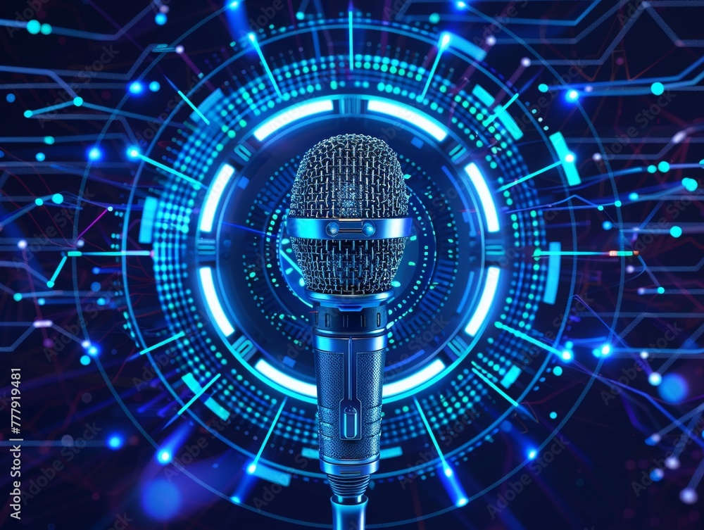 Poster design a futuristic glow surrounding a microphone with intricate patterns.
