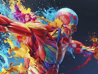An explosion of vibrant colors swirling around the strong sculpted forms of anatomical muscles in a playful and energetic display , super realistic render