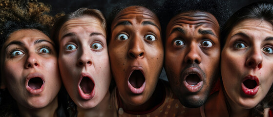 Faces from different races with mouths wide open in wonder.