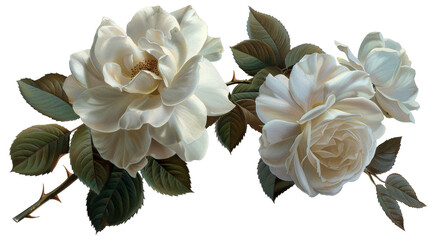 Two white roses are on a branch, cut out - stock png.