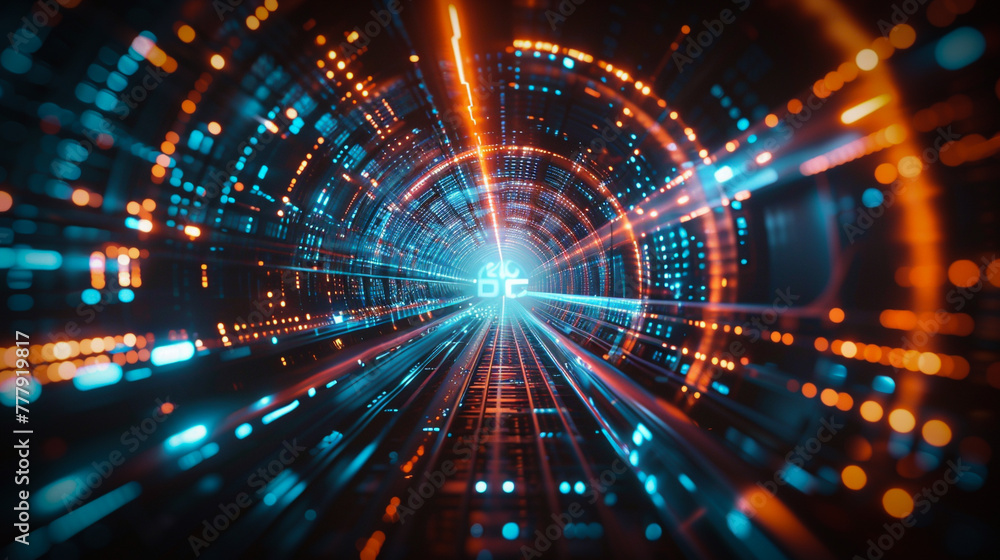 Poster a colorful, abstract image of a tunnel with a glowing light at the end