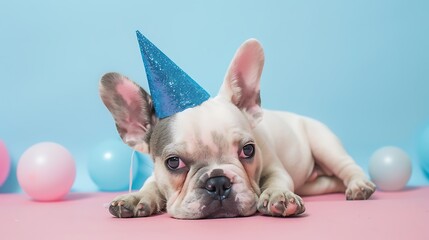 Fototapeta premium Adorable French Bulldog puppy laying down side ways wearing blue glitter party hat on pink and blue background