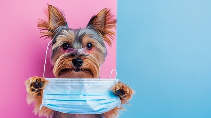 A Yorkshire Terrier holding a face mask in his paw on pink and blue background