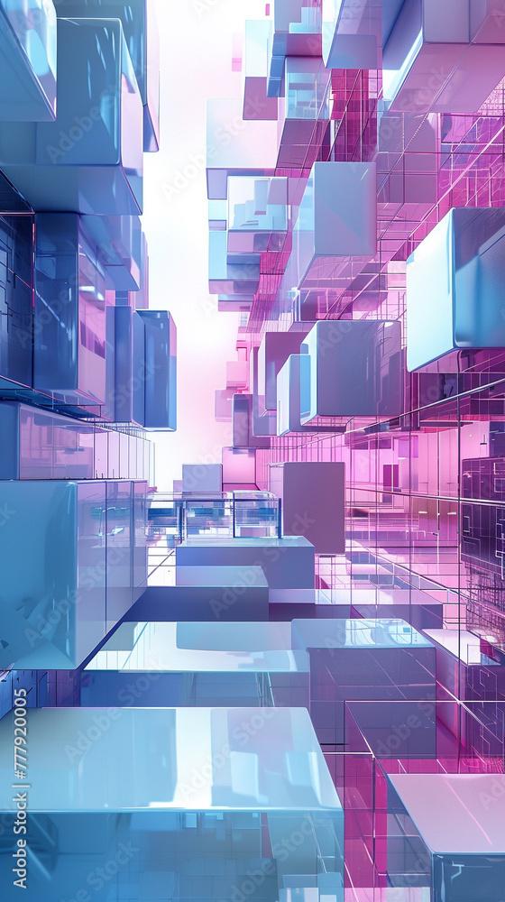 Poster a blue and pink cityscape with many cubes. the cubes are all different sizes and are arranged in a w