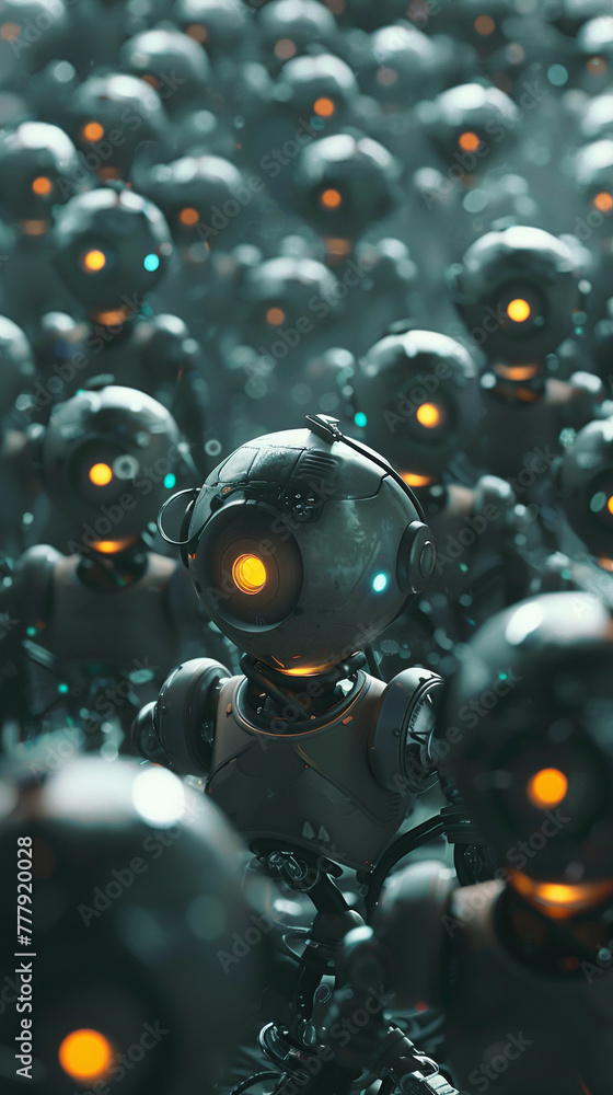 Poster a group of robots with yellow eyes and blue faces are standing in a line. the robots are all differe