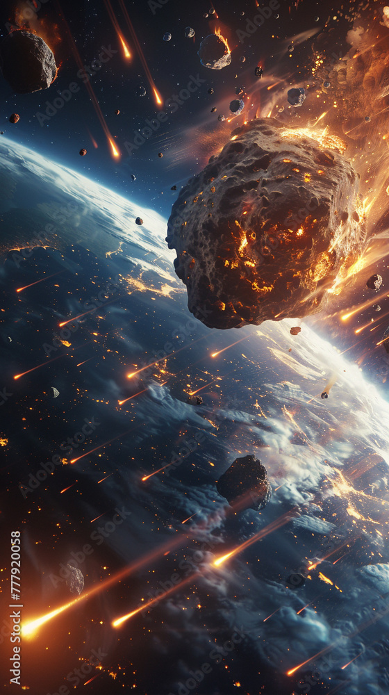 Aufkleber a space scene with a large rock falling towards the earth and many smaller rocks flying around it. s
