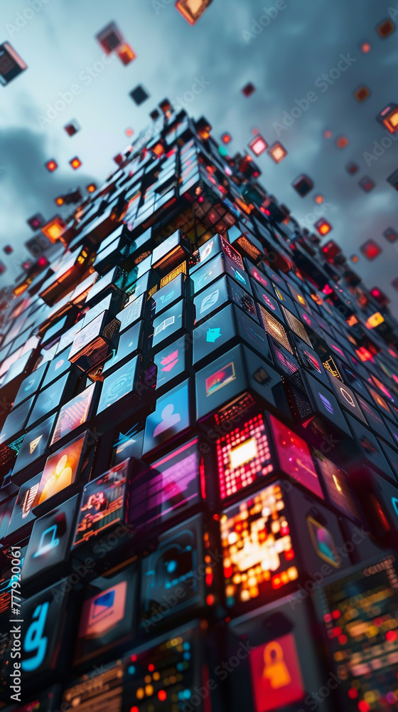 Poster a tall building made of colorful blocks with many different icons on it. the building is lit up and 