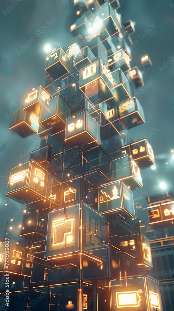 Poster a tall building made of colorful blocks with many different icons on it. the building is lit up and 