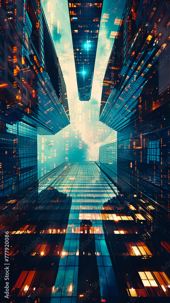 Poster a city skyline with a large building in the middle and two smaller buildings on either side. the sky