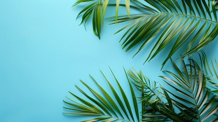 Palm leaves on blue background. Copy space for your text,  Blurred shadow from palm leaves on the light blue wall Minimal abstract background for product presentation Spring and summer