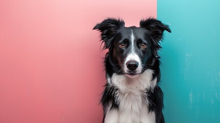 Fototapeta premium Border Collie dog on pink and blue background