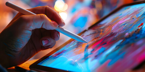 graphic designer's hand sketching on a digital drawing tablet with a stylus pen, in front of a computer monitor, digital art offers multiple mediums and styles, Digital Art for Sale - Powered by Adobe
