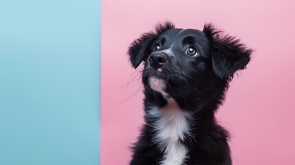 Cute black australian shepherd puppy portrait looking up on pink and blue background
