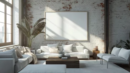 Foto op Canvas An inviting living room with exposed brick walls, luxurious white sofas, and towering bird-of-paradise plants, illuminated by natural sunlight. © TH_Stock