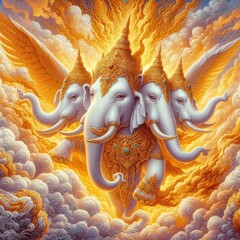 White elephant with Thai pattern 3 heads surreal picture exaggerated oil painting gold jewelry