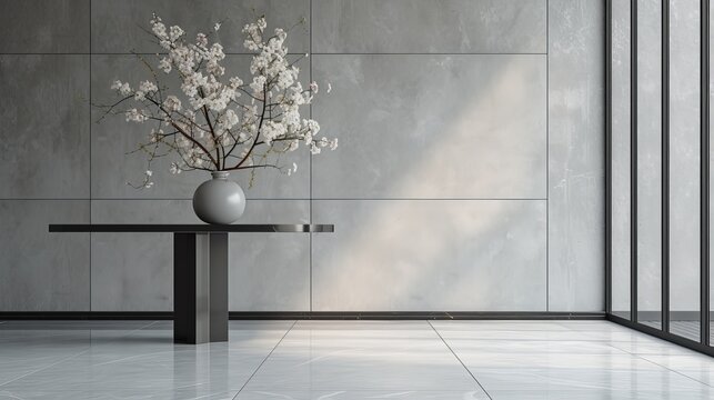 In a modern interior design, a spacious room is adorned with a table featuring a beautiful arrangement of flowers against a gray wall