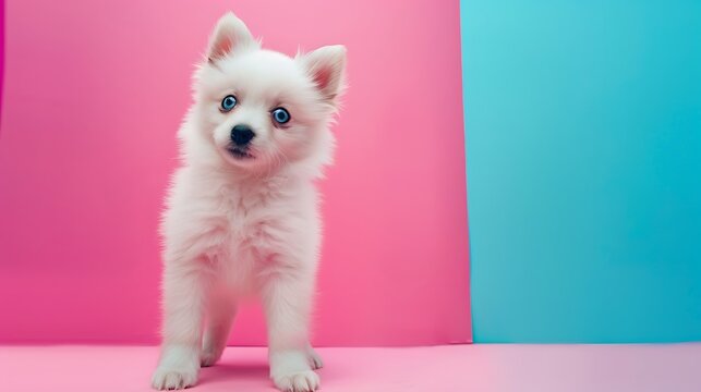 Cute pomsky puppy with blue eyes looking at the camera standing on pink and blue background
