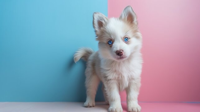 Cute pomsky puppy with blue eyes looking at the camera standing on pink and blue background