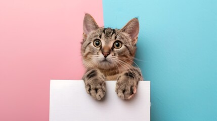 Cute tabby cat using paw to hold a pure white message board on pink and blue background