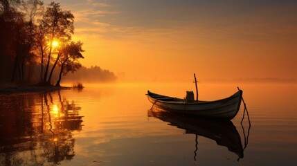 Boat in the lake ,«golden hour»