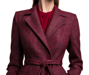 A woman is wearing a red jacket with a black tie, cut out - stock png.