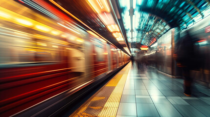 Subway station with train moving fast, Motion blur.