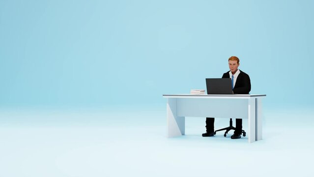 3D animation of a businessman sitting at a desk in an office, engaged in a Zoom meeting and speaking. Suitable for business presentations and online communication