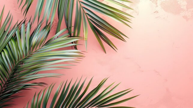 blurred shadow from palm leaves on the pink wall minimal abstract background for product presentation spring and summer,palm leaves for product presentation or showcase on pink stone textured backgro
