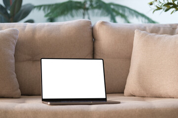 Laptop computer with blank screen on couch sofa with pillows. Aesthetic elegant styled home living...