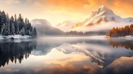 Fototapeta na wymiar Panorama of winter dawn on a mountain lake with a snowy forest and a mirror reflection in the water