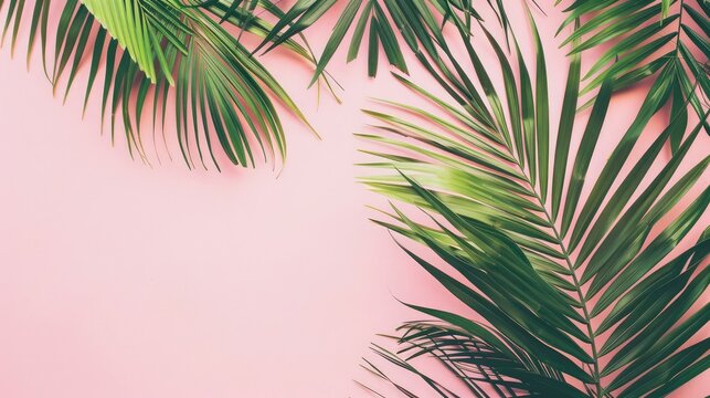 Tropical palm leaves on pink background. Minimal summer concept , premium abstract light pink wall summer background with leaves shadow, Palm tree leaves on pink background. Copy space for text.
