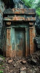 Illustration of new discoveries from excavation in Tongwan city. Cave door carved in stone in intriguing testimony to civilization's past.
