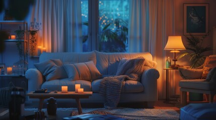 A beautifully furnished living room with a plush grey sofa, cozy armchair, and gentle illumination from glowing lamps, evoking a sense of comfort and serenity perfect for quiet evenings at home - obrazy, fototapety, plakaty