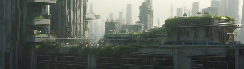 Futuristic Vegetated City Architecture with Robotic Skyline in Bright Sunlight