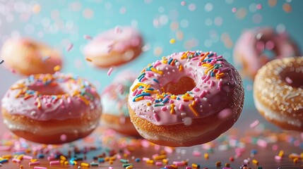 Donuts with colorful sprinkles floating in the air