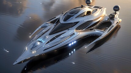 future ship and Water Transportation: Speedy yacht on the sea, luxury cruise vessel powered  - obrazy, fototapety, plakaty