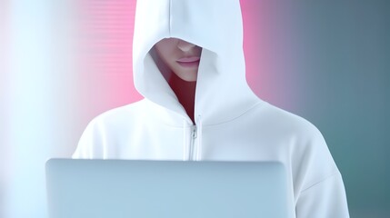 Hacker in Futuristic Digital Security Concept Using Laptop for Cyber Attack on Internet Network