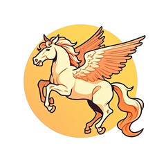 A logo of a Pegasus horse with a yellow background within a circle