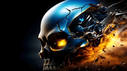 Intense Futuristic Detonation Against Enigmatic Sci Fi Skull with Vibrant Highlights