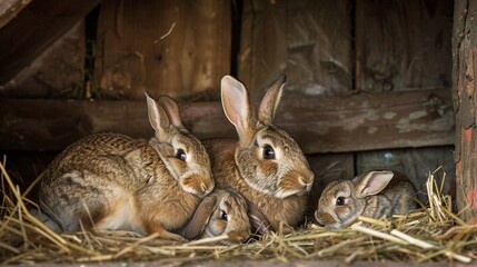 Fototapeta premium A heartwarming family of rabbits nestled in a straw-filled corner of a rustic barn.