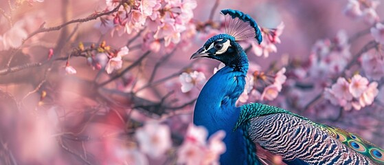 A majestic peacock displays its vibrant plumage among the cherry blossoms © Creative_Bringer