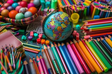 A vibrant display of school supplies surrounding a globe