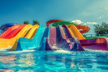 A vibrant set of colorful water slides ending in a splashing pool