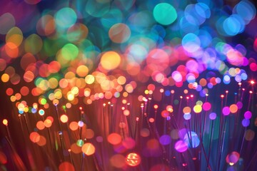 A vibrant display of glowing fiber optic cables with a spectrum of colorful lights - obrazy, fototapety, plakaty